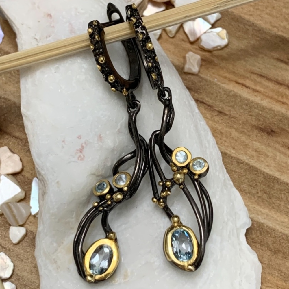 Seascape Natural Blue Topaz Sterling Silver& 14kt Designed Earrings